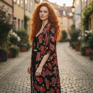 Patrons of Peace Red Pink Rose Floral Kimono Size M